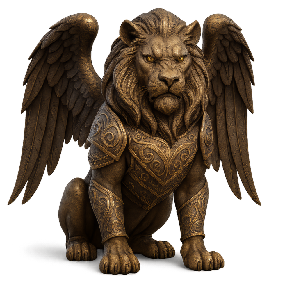 Majestic Winged Lion Guardian with Detailed Armor and Wings png