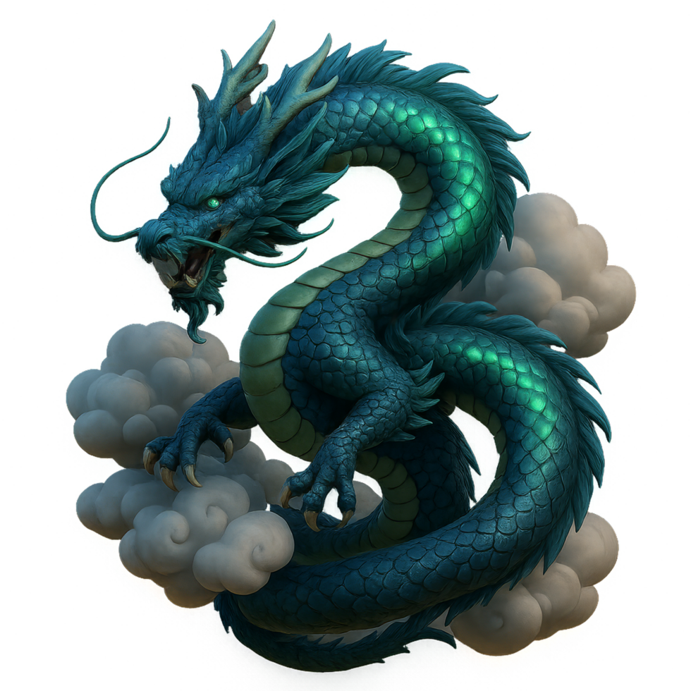 Azure Dragon Majesty Surrounded by Ethereal Clouds and Energy png
