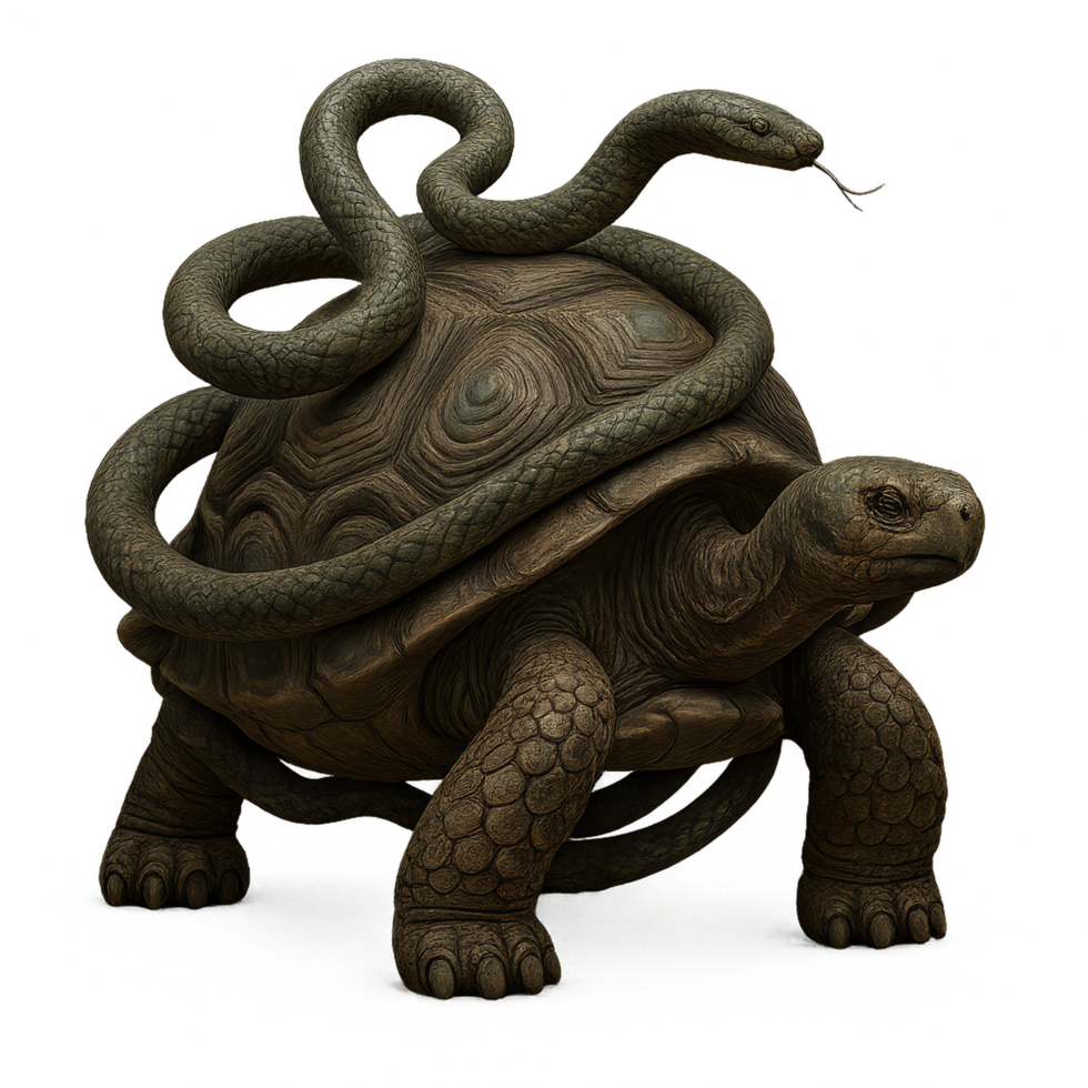 Cosmic Tortoise with Serpent Intricately Wrapped Around Its Shell png