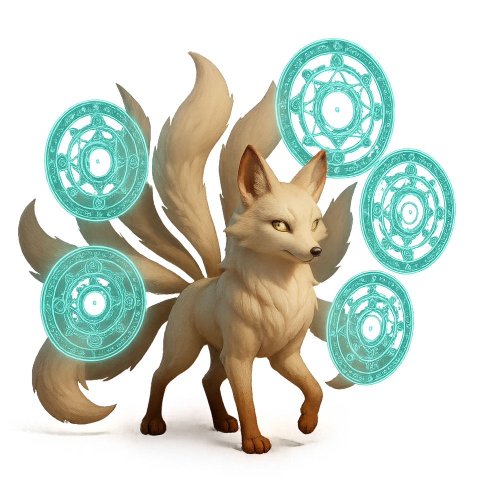 Mystical Nine Tailed Fox Character with Ethereal Energy Circles png