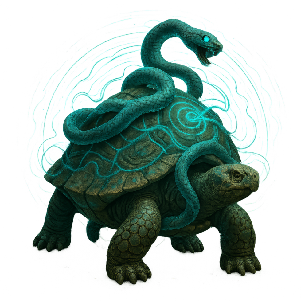 Serpent on Turtle in Harmony with Mystical Energy Effects png