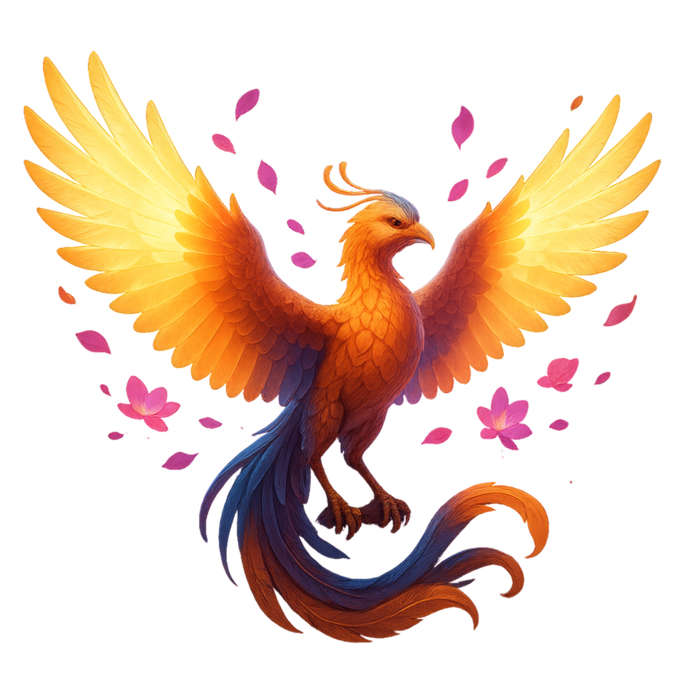 Mystical Phoenix with Radiant Colors and Floral Elements png