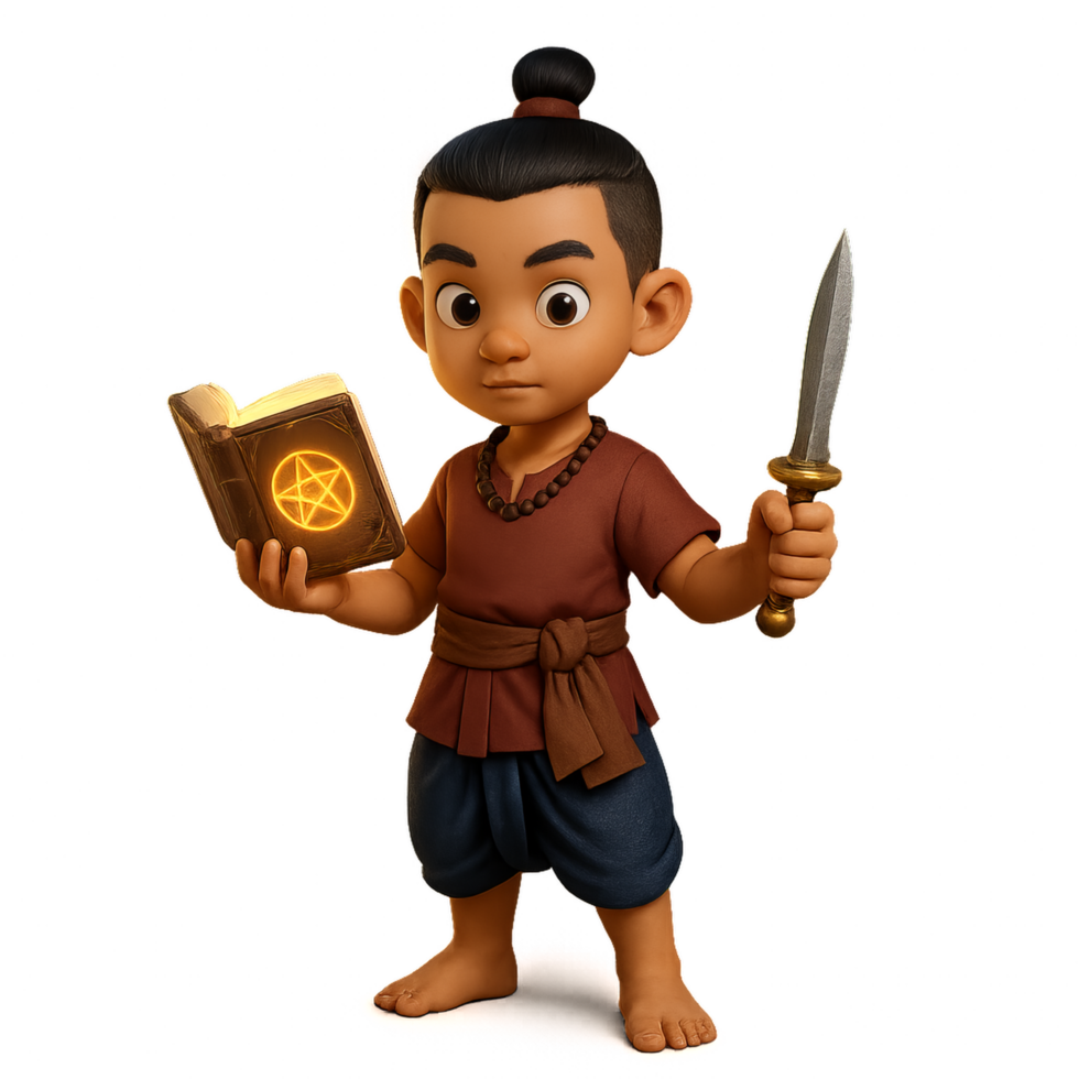 Young Apprentice in Thai Outfit with Spell Book and Sword png
