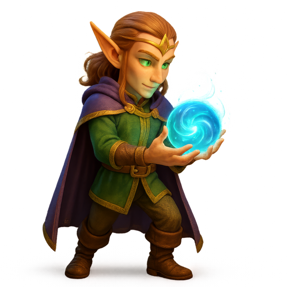 Enchanted Elf Holding Orb with Magic Glow in Fantasy Setting png