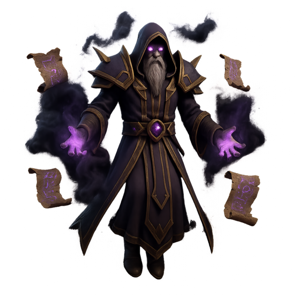 Floating Warlock Casting Cursed Scrolls in a Mystic Aura png