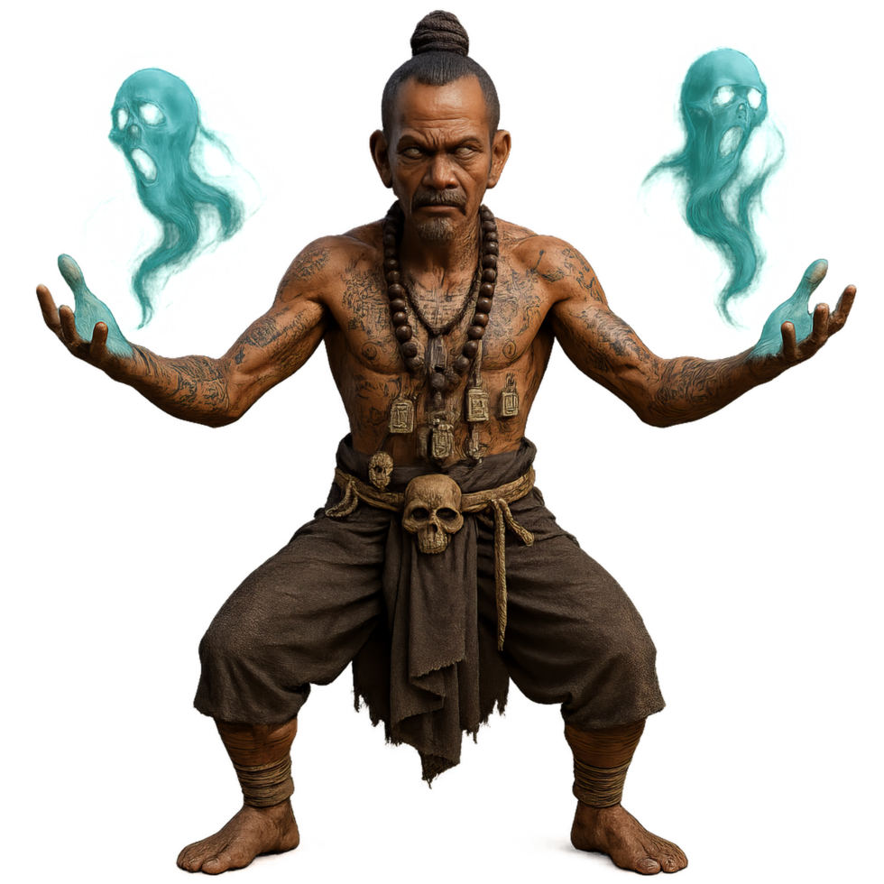 Mystic Thai Warlock Summoning Spirits with Ethereal Glow Effects png