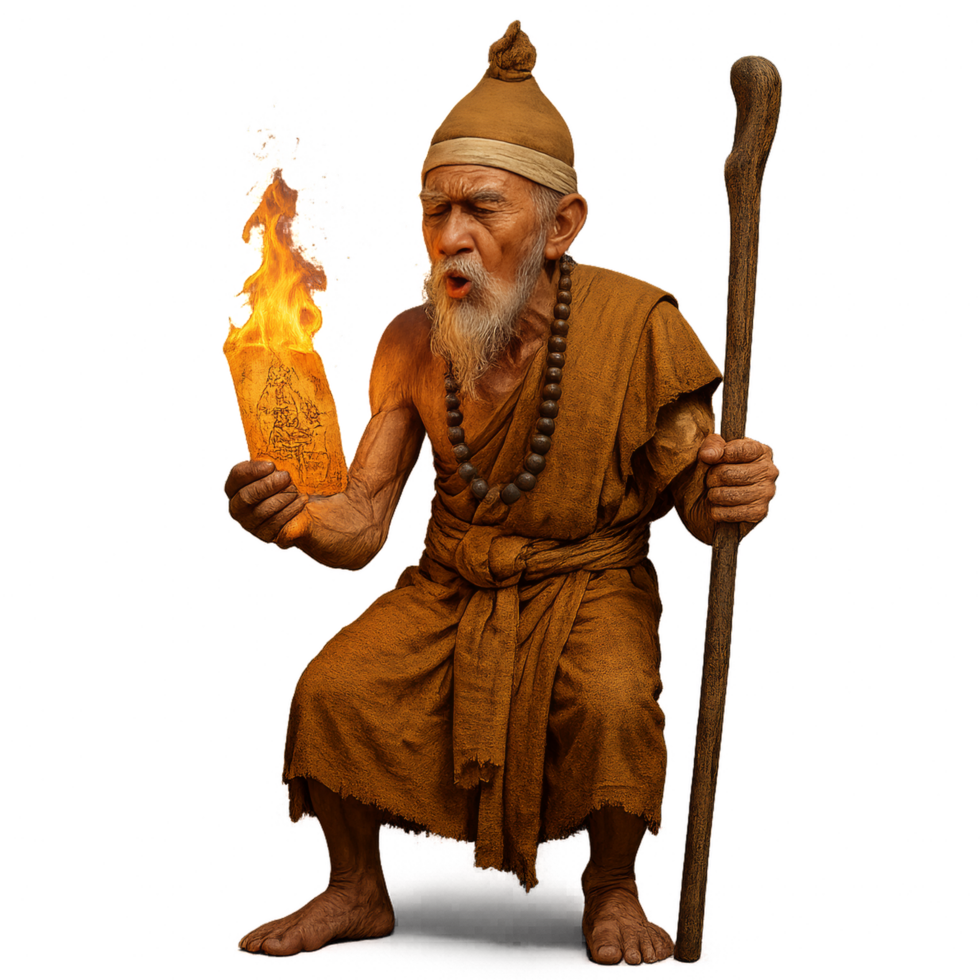 Mystical Thai Hermit Holding Flame and Scroll in Traditional Attire png