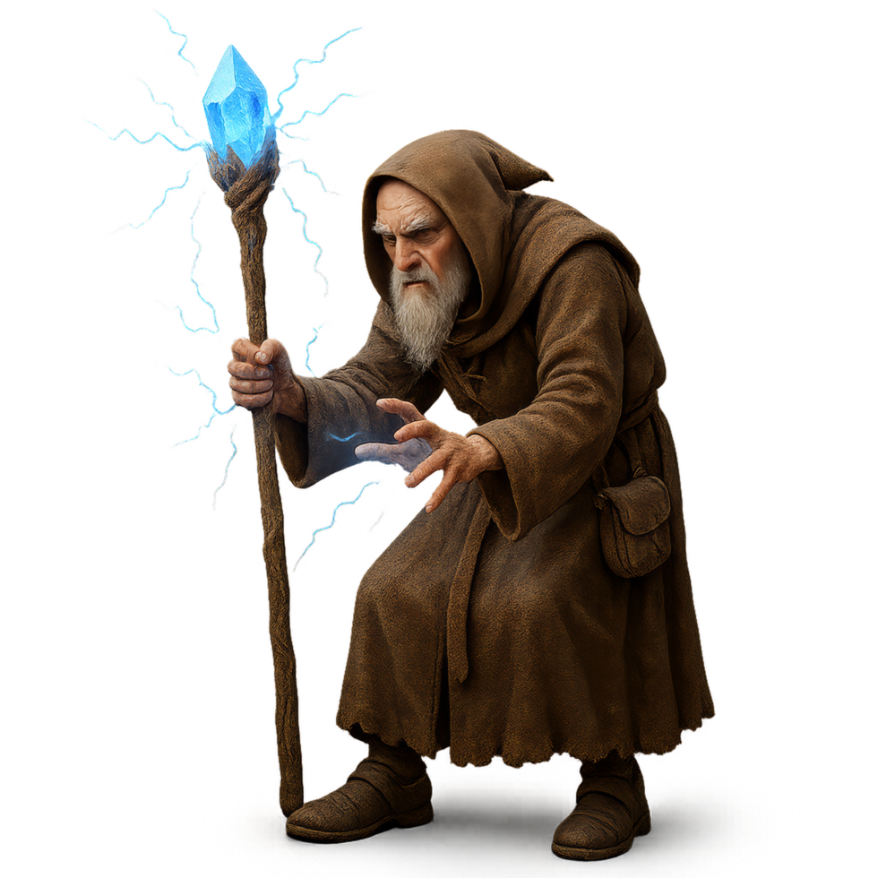 Ancient Spellcaster Harnessing Power with Mystical Staff and Gem png
