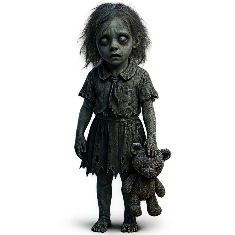 Scary Child Ghost Holding Teddy Bear in Haunted Setting png