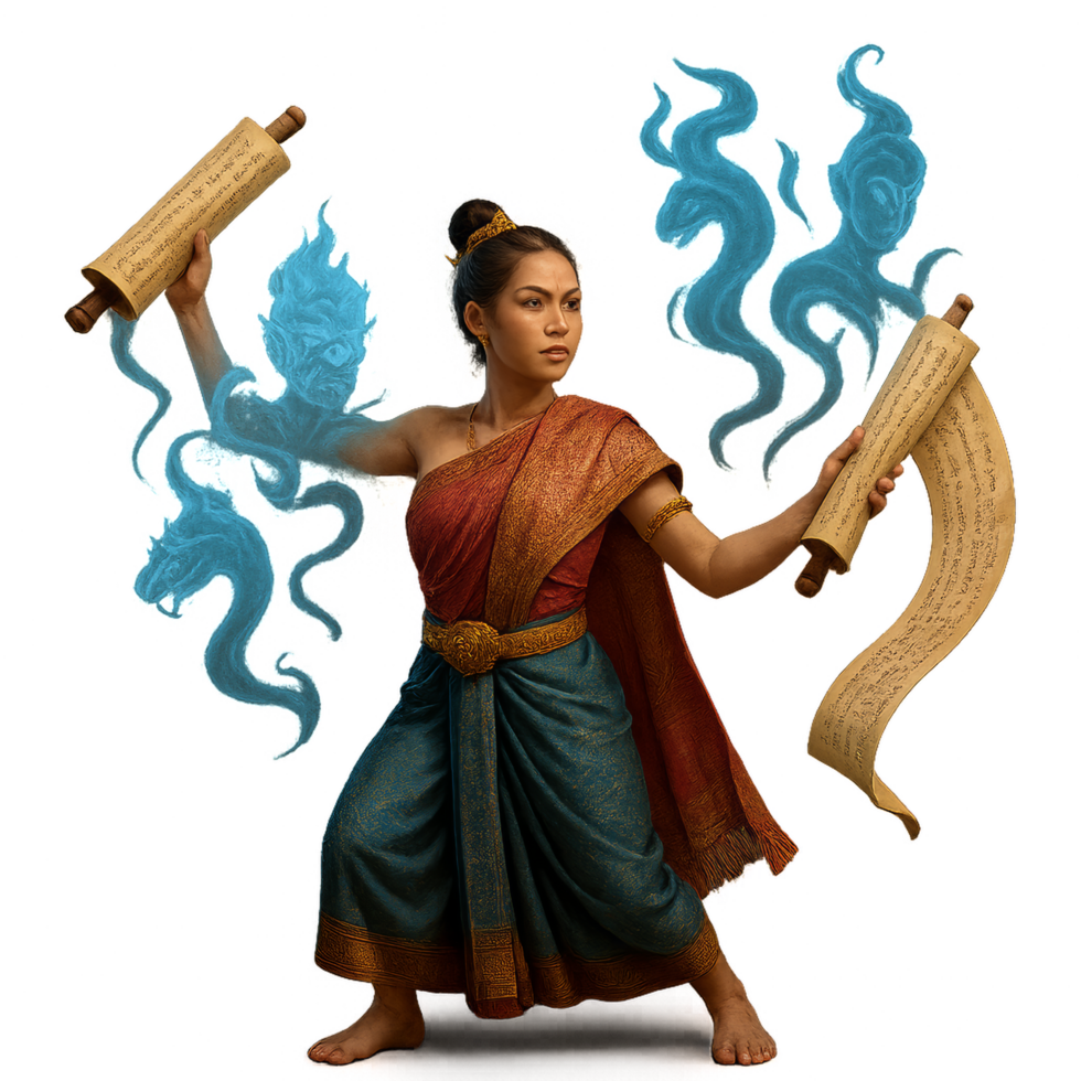 Thai Mage Summoning Protective Spirits with Ancient Scrolls png