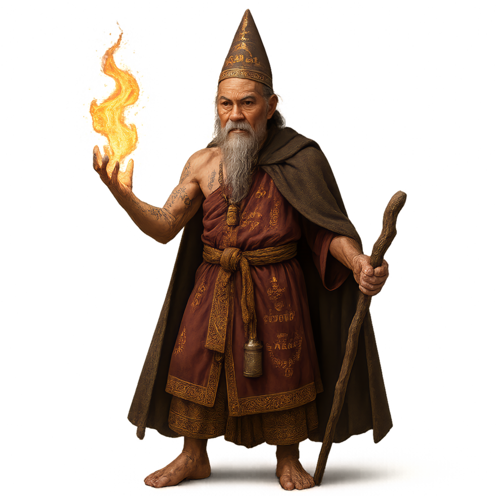 Ancient Sorcerer Casting Spell with Magical Flame in Mystical Setting png