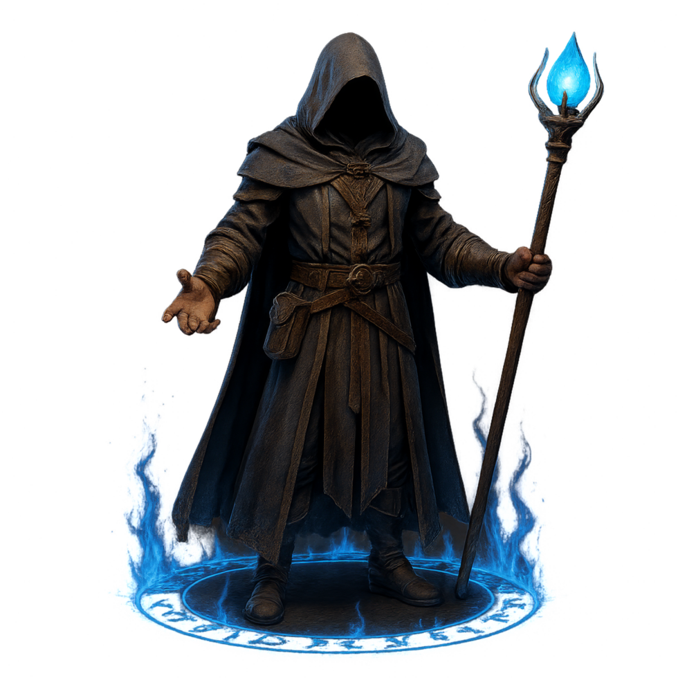 Hooded Mage in a Mystical Circle of Light and Energy png