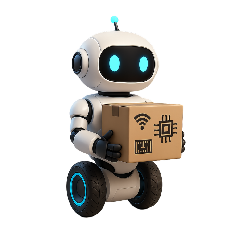 Cute 3D Robot Delivering Package with Futuristic Technology png