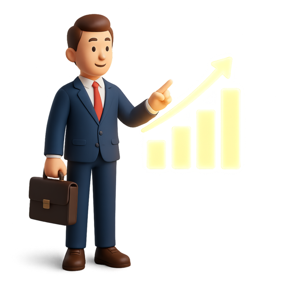 Stylish 3D Business Character Pointing at Growth Chart png