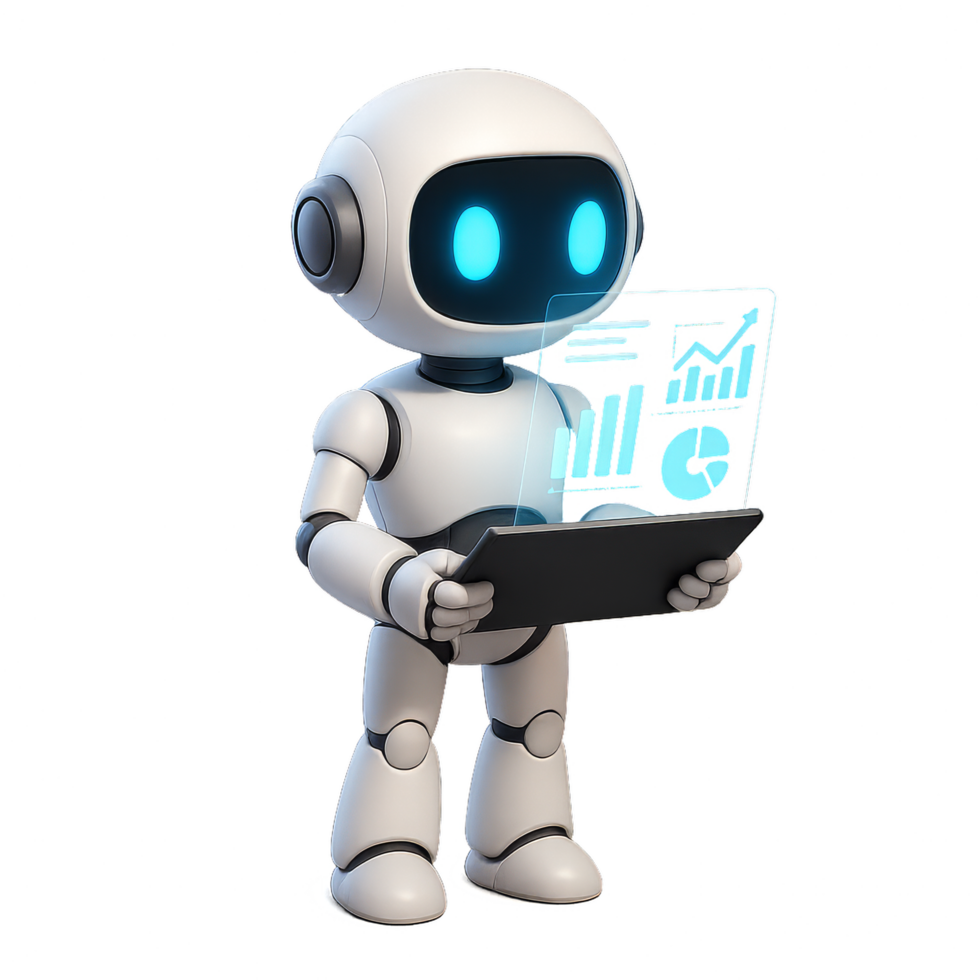 3D Robot Holding Tablet Displaying Data and Graphs in Modern Style png