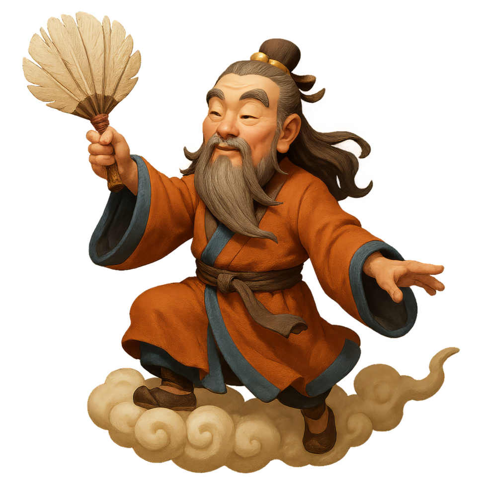 Taoist Immortal Riding a Cloud with a Fan in Traditional Attire png