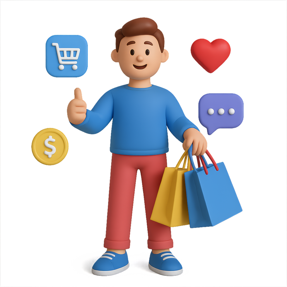 3D Online Shopper Character Giving Thumbs Up with Shopping Bags png