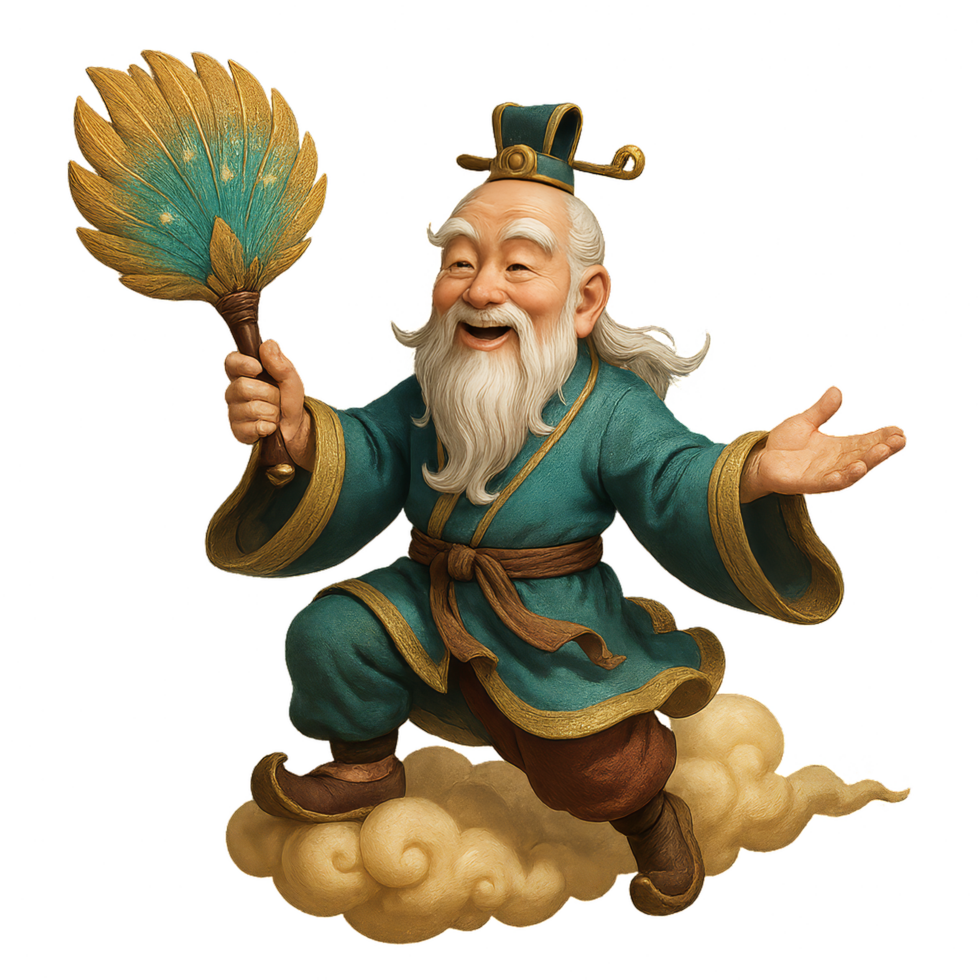 Taoist Immortal Riding Cloud with Fan in Joyful Pose png