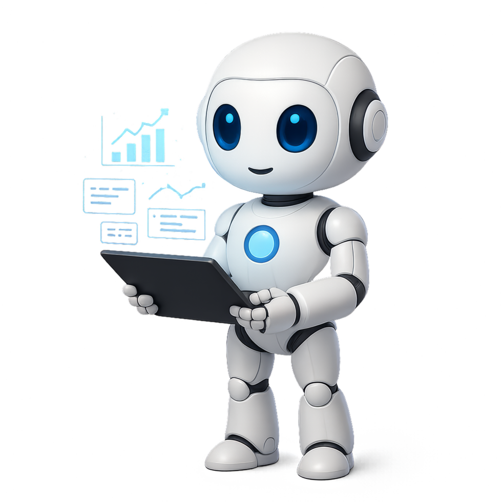Friendly 3D Robot Holding Tablet with Digital Graphics Design png