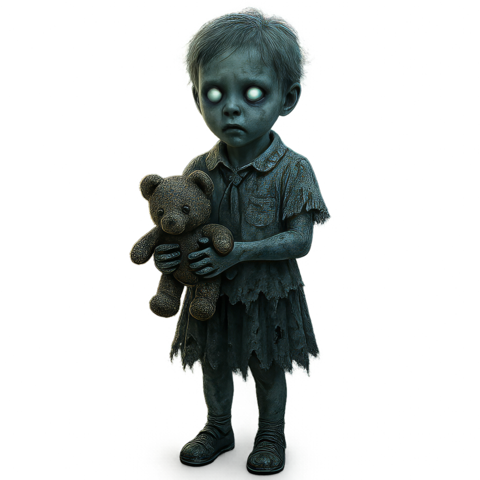 Spooky Child Ghost Holding Old Teddy Bear in Haunted Forest Scene png