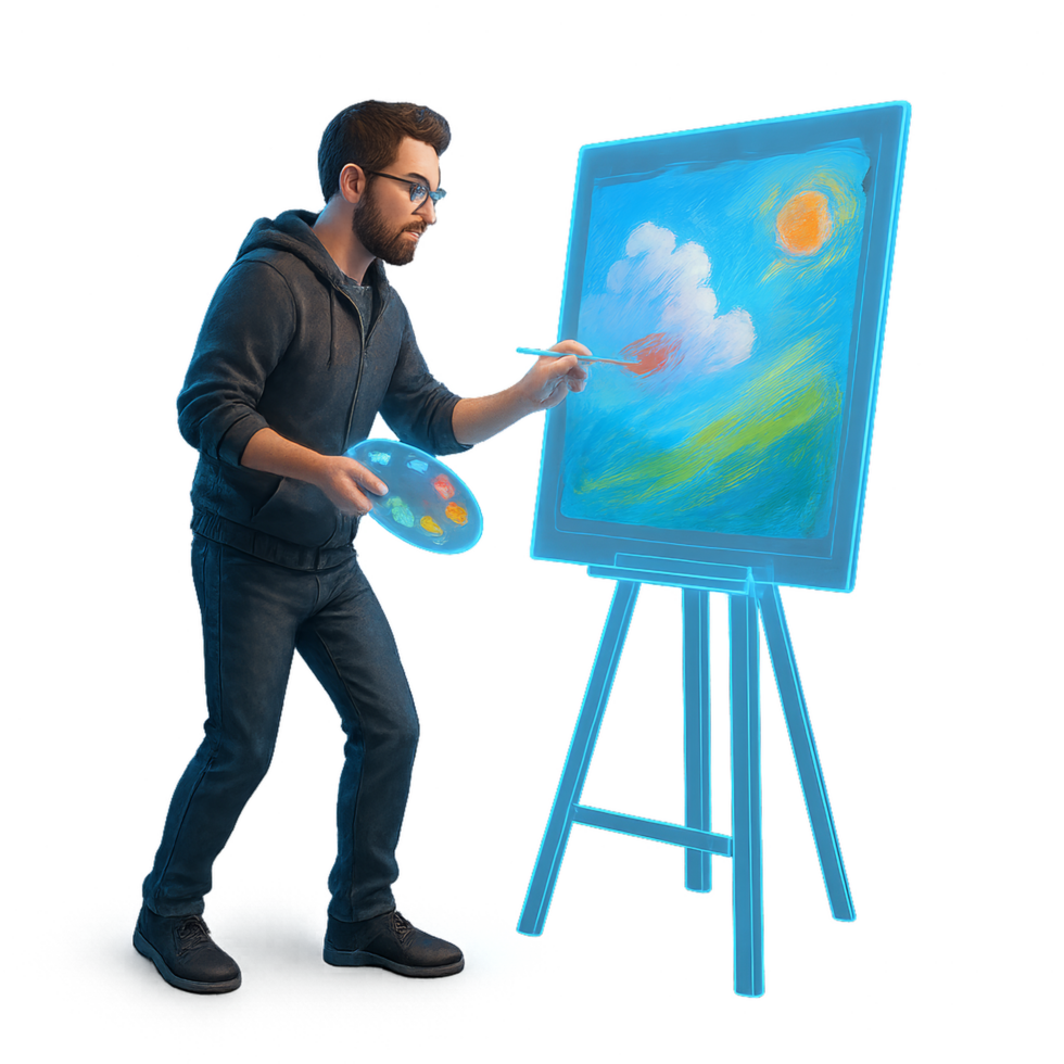 Holographic Art Creation by an Artist with Palette and Canvas png