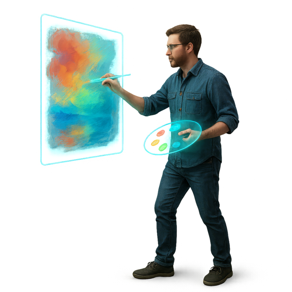 Holographic Art Creation with Vibrant Colors and Painter Interaction png