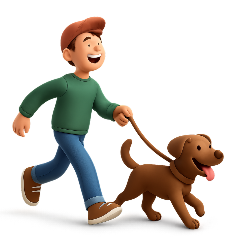 Joyful Cartoon Character Walking a Dog in a 3D Style Animation png