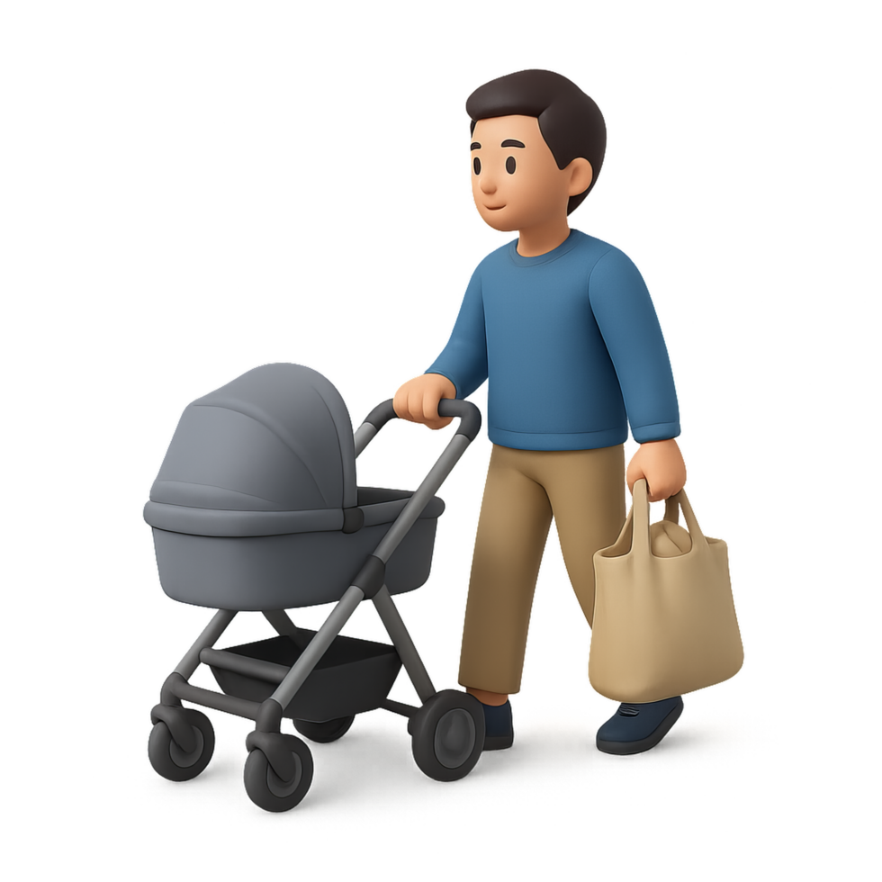 3D Parent Pushing Stroller on a Simple Stroll in a Park Setting png