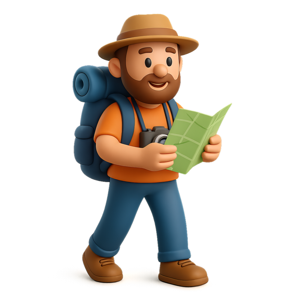 Adventurous Traveler with Map in 3D Style for Creative Projects png