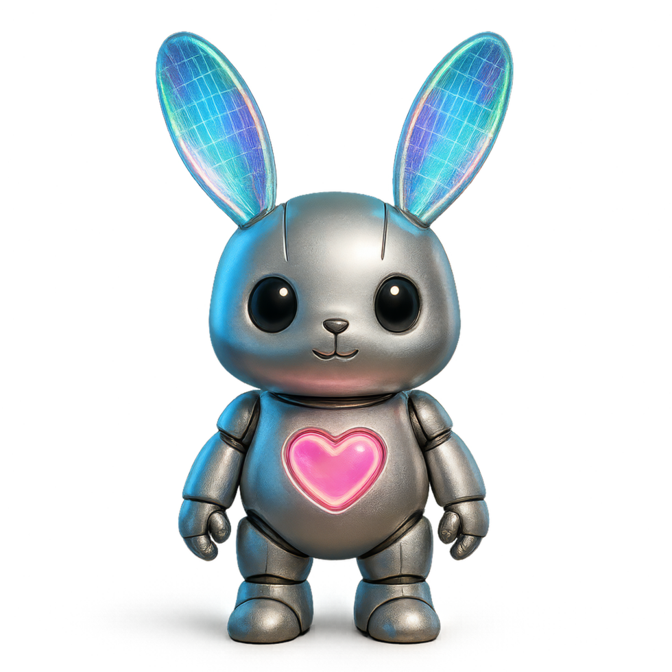 Holographic Robot Bunny with Colorful Ears in a Playful Pose png