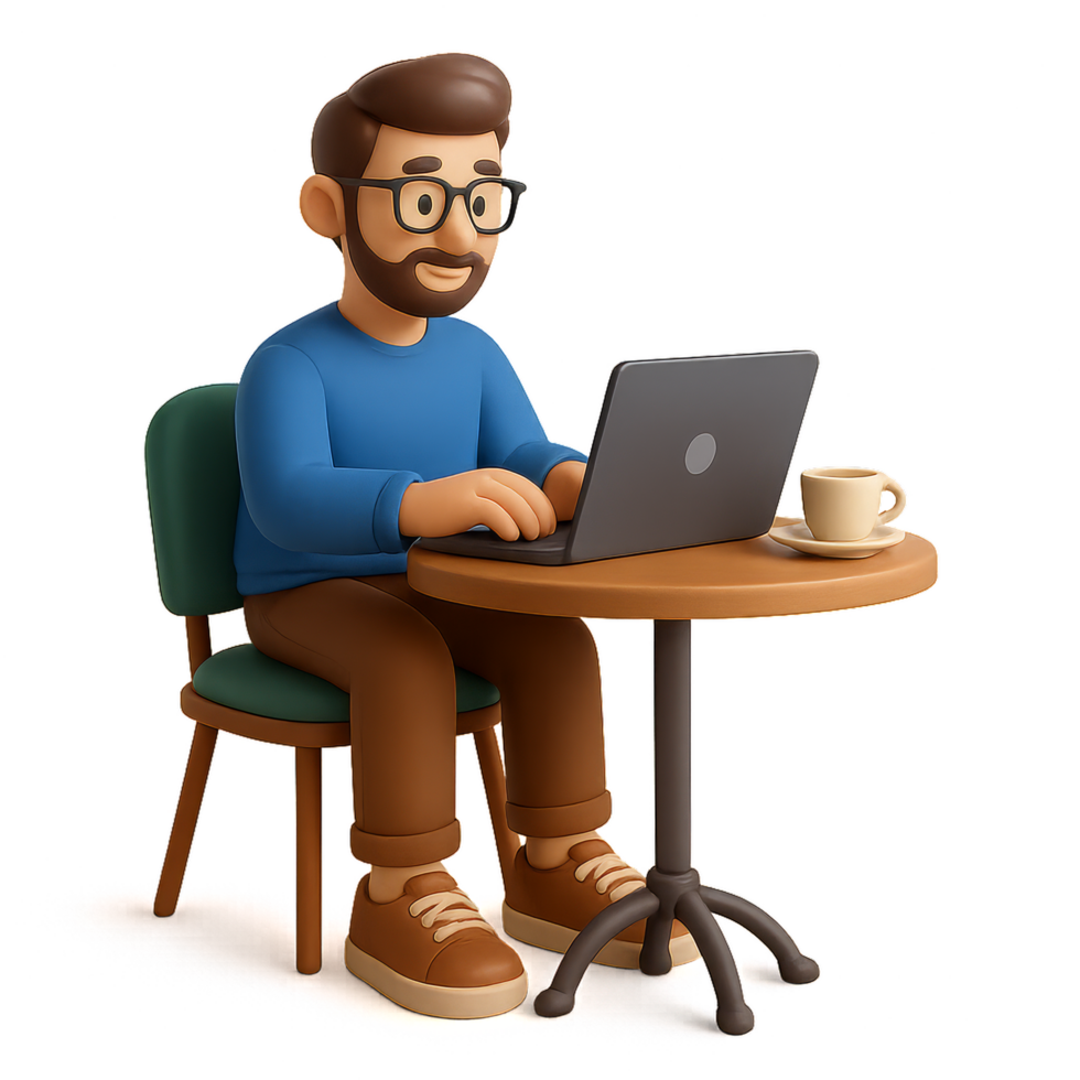 Freelancer at Cafe Working on Laptop with Coffee in Cozy Setting png