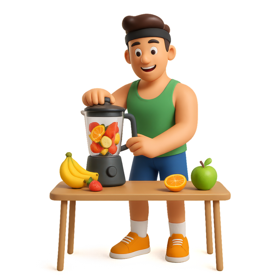 Vibrant Character Making Smoothies with Fresh Fruits at Home png