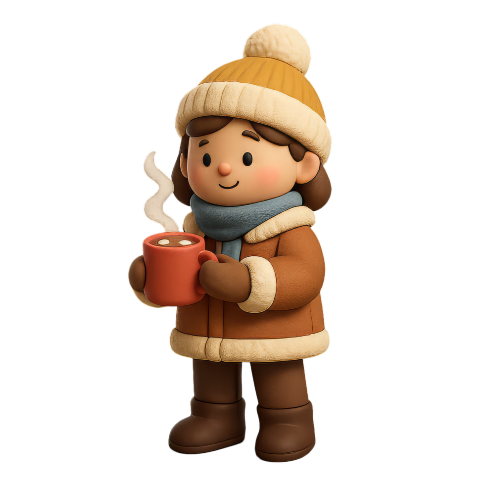 Cozy Winter Character Holding Hot Beverage in Warm Outfit png