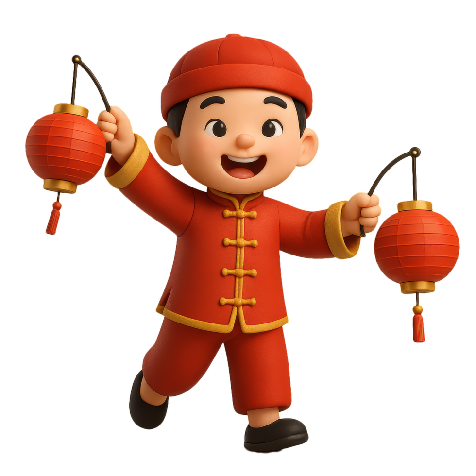 Cheerful Child with Lanterns Celebrating 3D Lunar New Year Festivity png