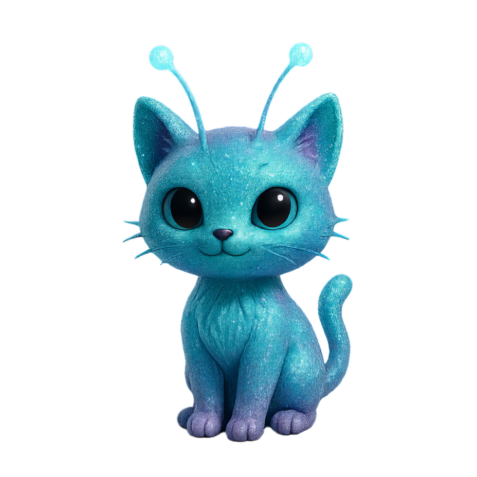 Cute 3D Alien Cat Character with Shiny Blue Fur and Big Eyes png