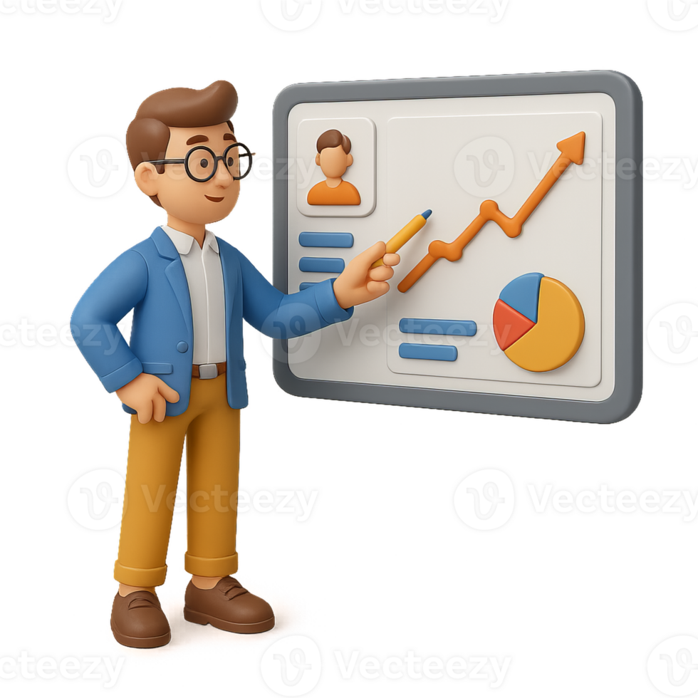 3D Market Analysis Icon with Character and Graph Visualization png