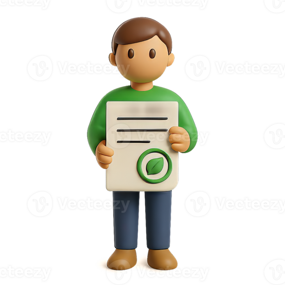Eco Certification Concept with 3D Character Holding Document png