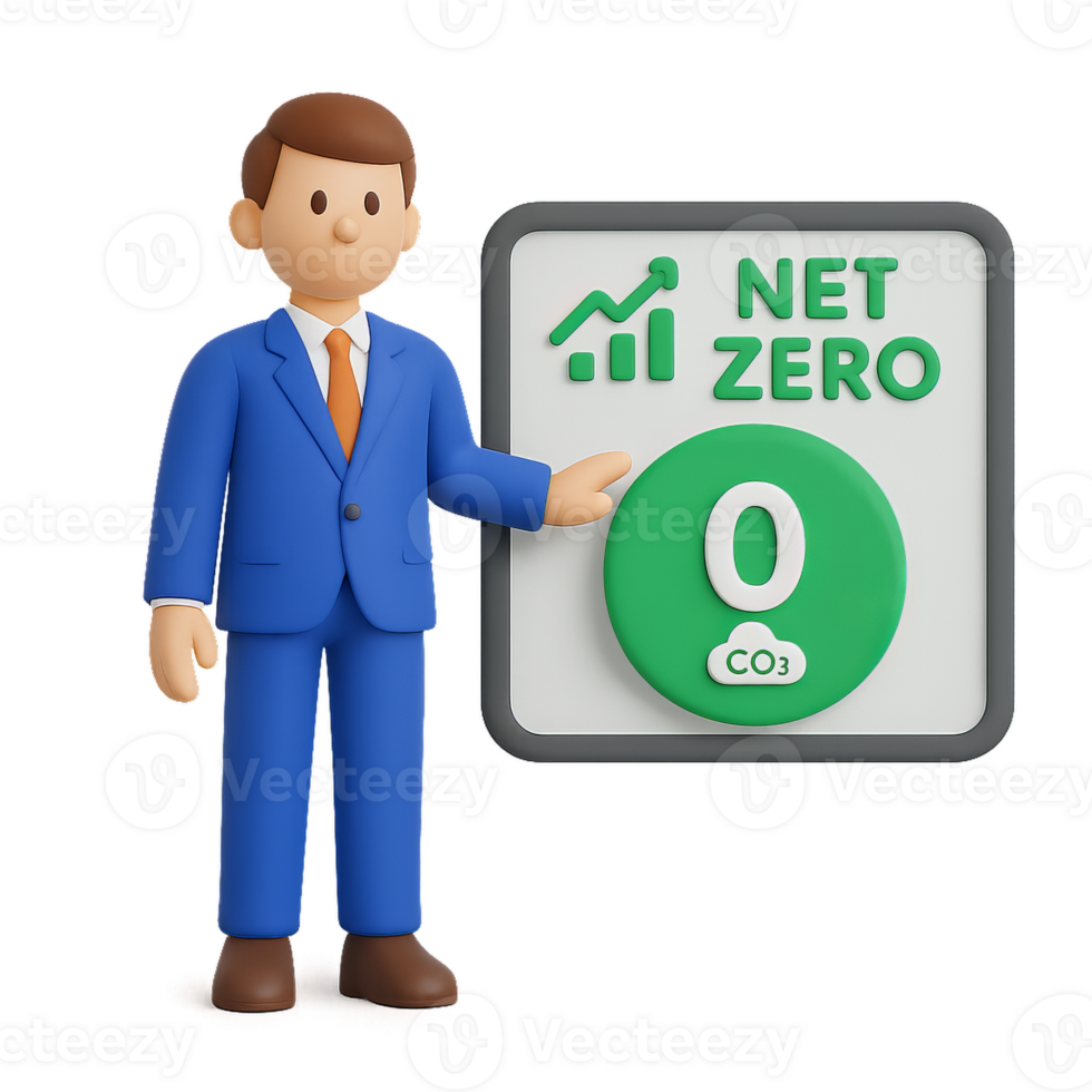 Simple Illustration of Office Worker Promoting Net Zero Emissions Concept png