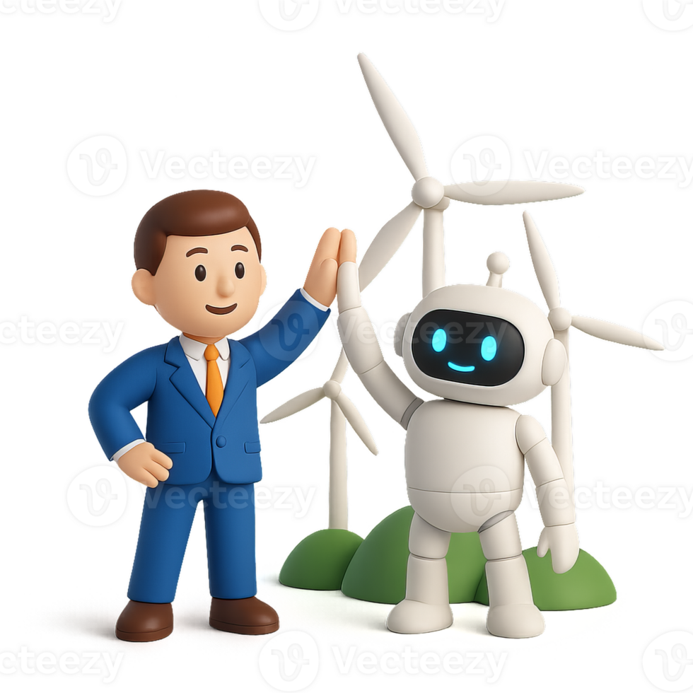 Businessman and Robot Collaborating in Eco-Friendly Initiative png