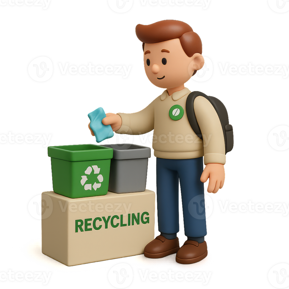 Simple Recycling Action with Kid and Waste Bins for Sustainability png