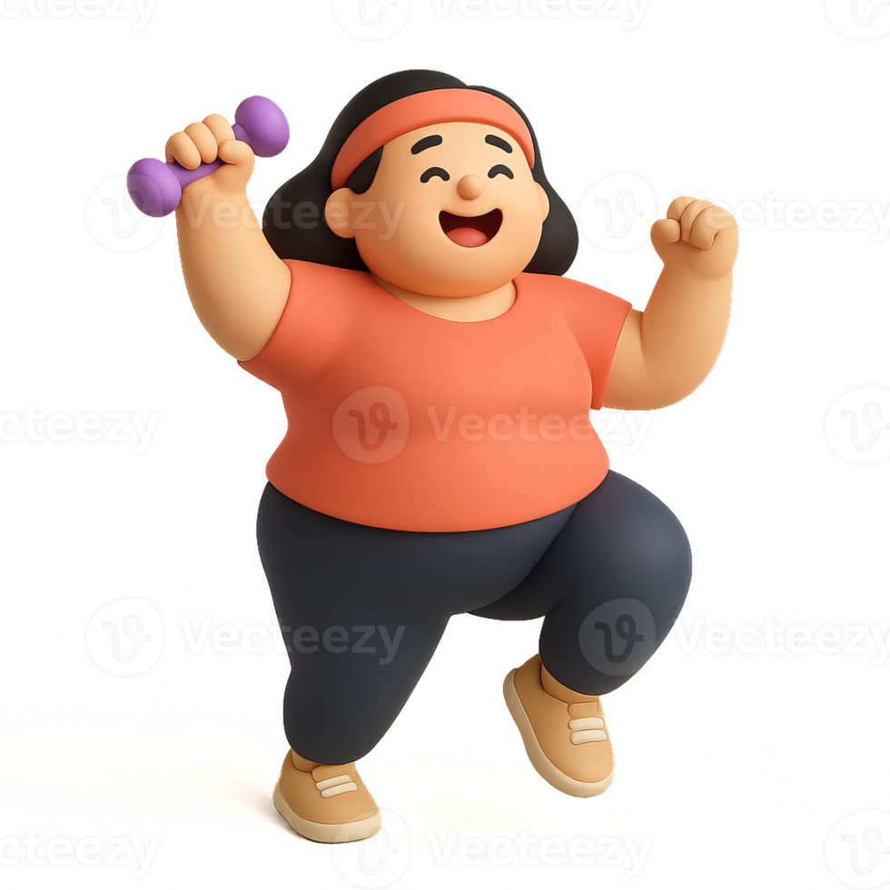 Energetic Plus Size Character Doing a Simple Workout with Dumbbell png