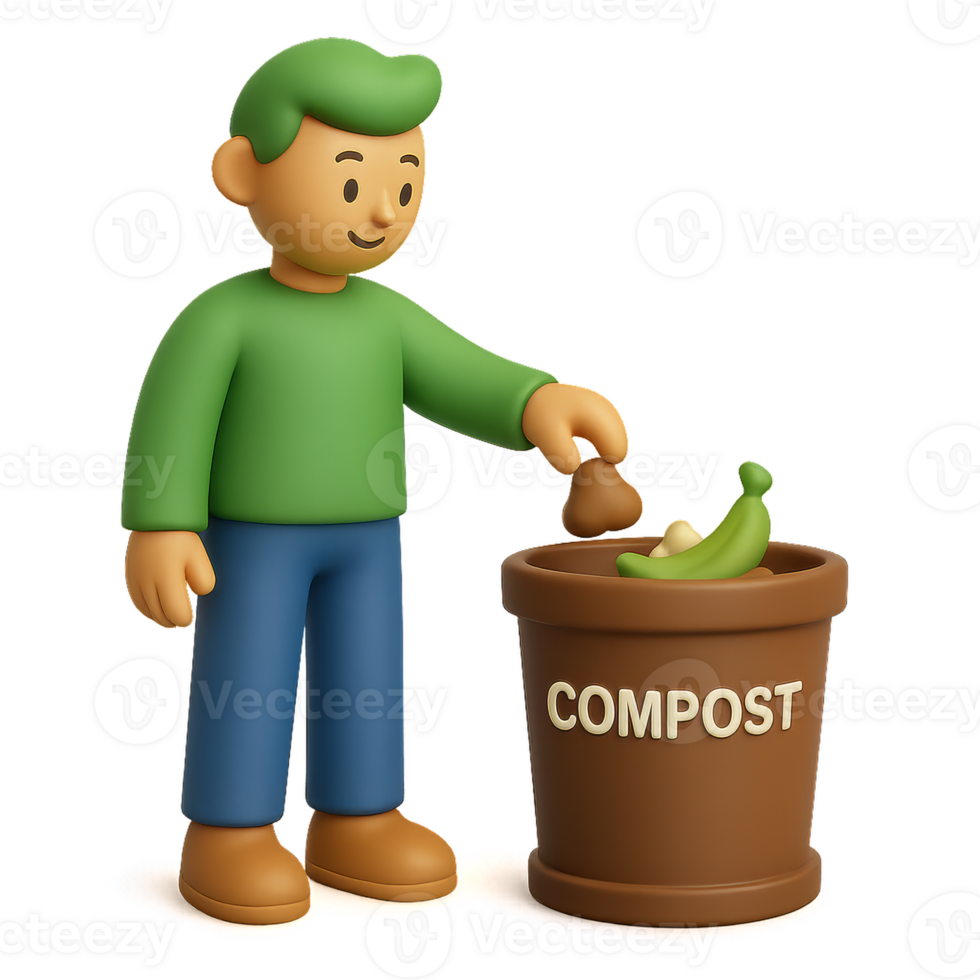 3D Icon of Cartoon Character Adding Waste to Compost Bin png