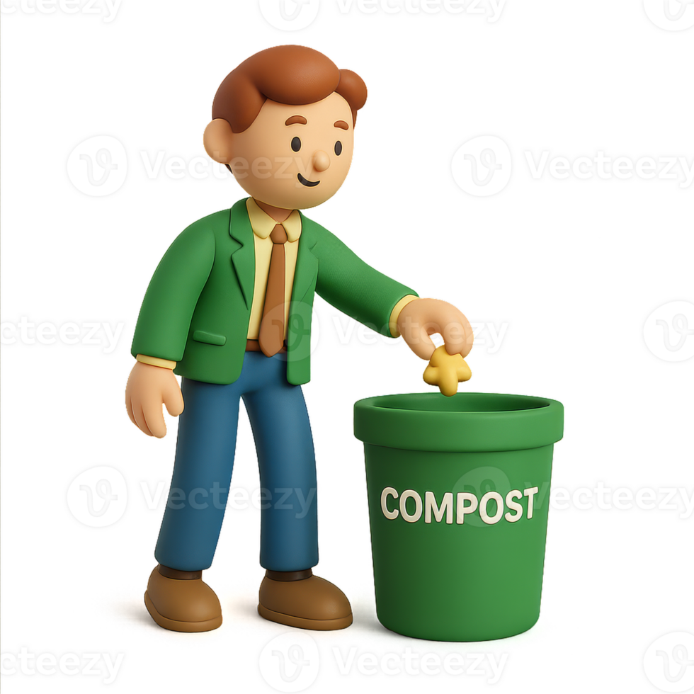 Simple 3D Icon of a Character with Compost Bin for Eco-Friendly Practices png