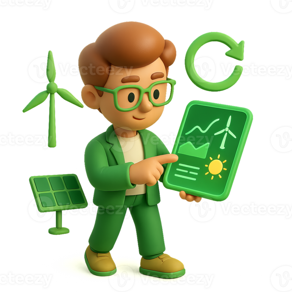 Eco-Friendly Technology Analyst with Green Energy Graphics png