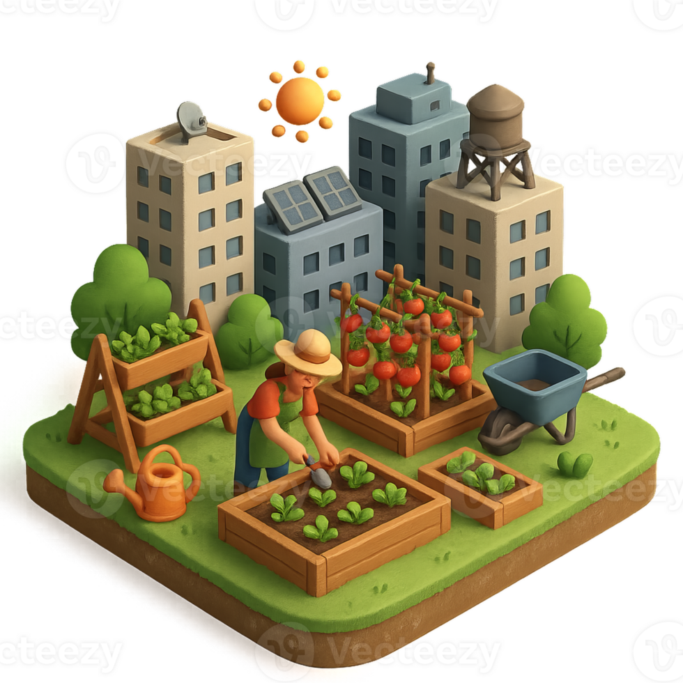 Simple Urban Farming Concept with Buildings and Garden Elements png