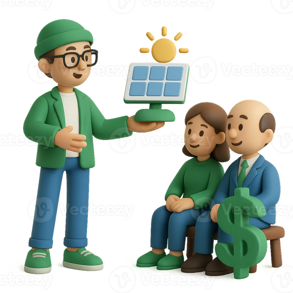 Green Technology Presentation with Characters and Solar Energy Theme png