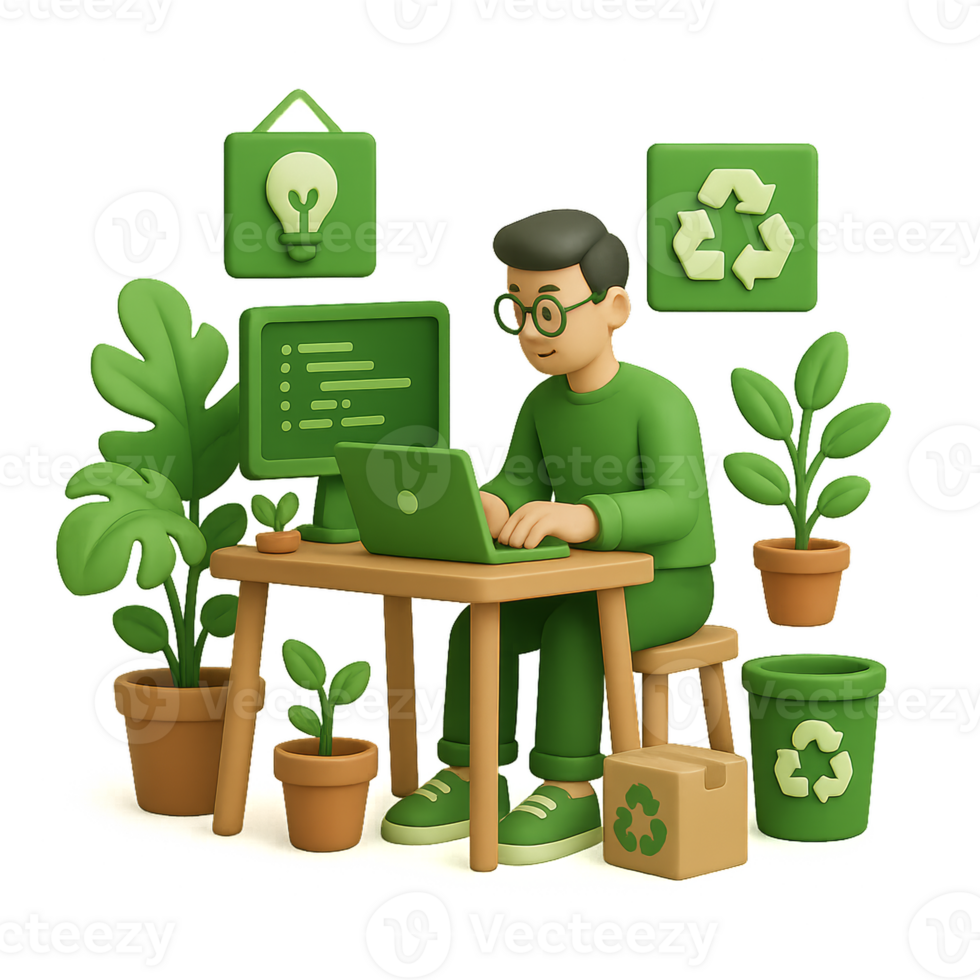 Eco-Friendly Workspace with Coding Elements and Green Plants png