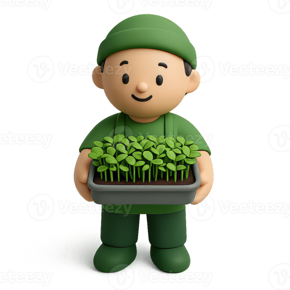 Cheerful Cartoon Character with Microgreens for Harvesting png