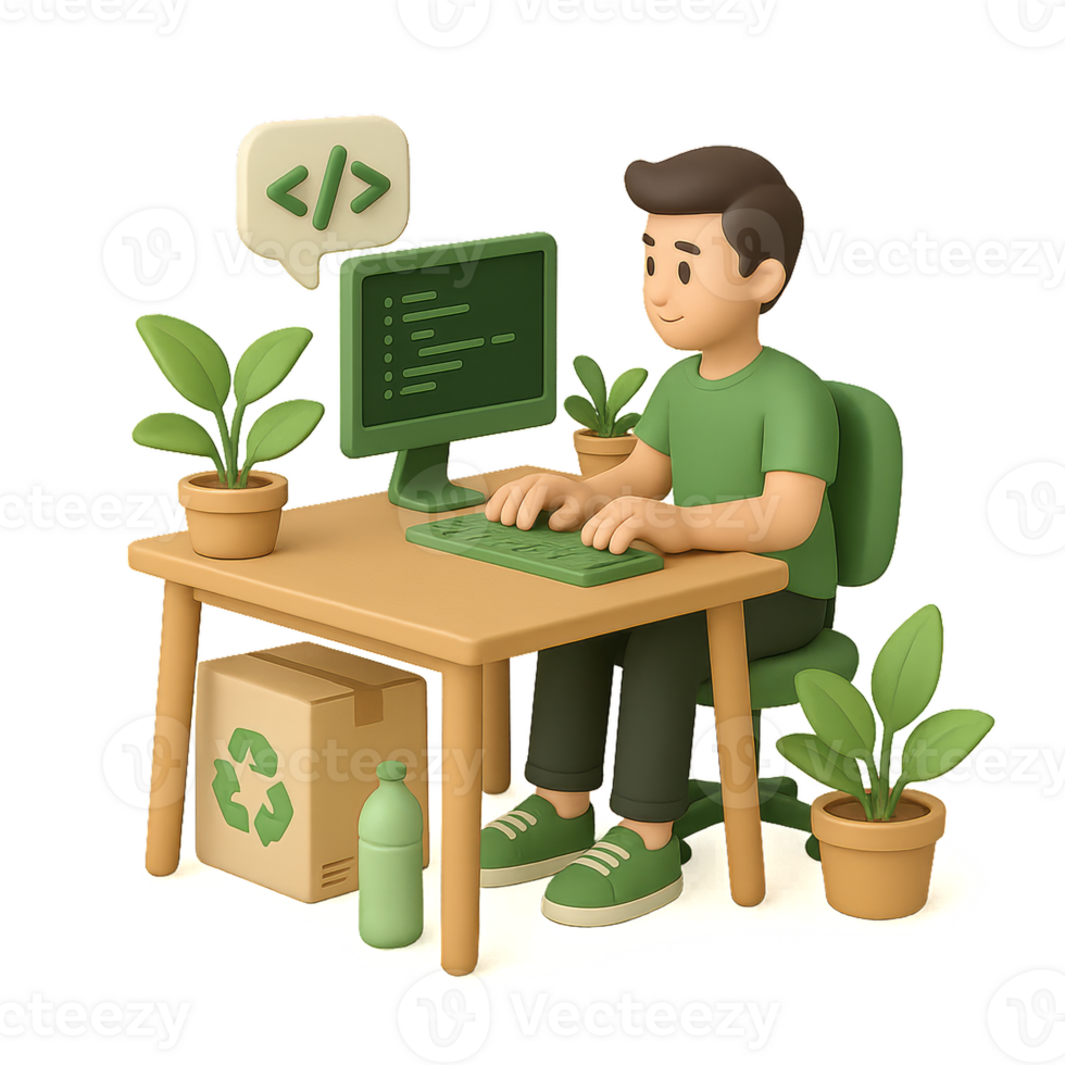 A man sitting at a desk with a computer and a plant png