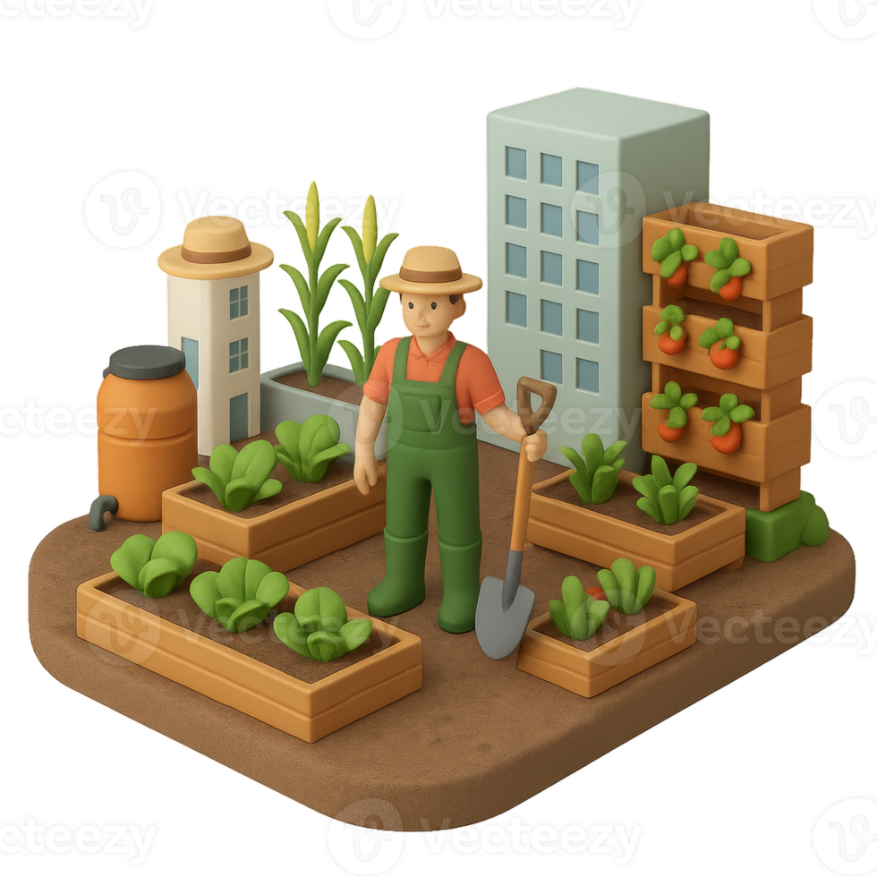 An illustration of a man in a garden with plants png